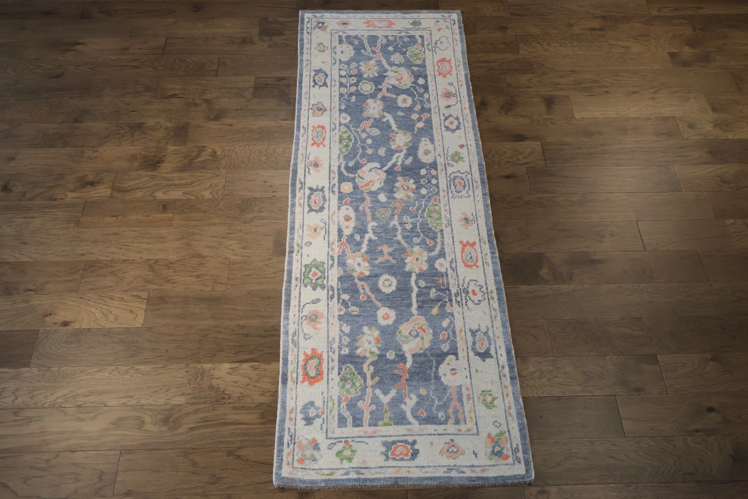 Vegetable Dye Blue and Coral Oushak Turkish Runner Rug 3x9 ft