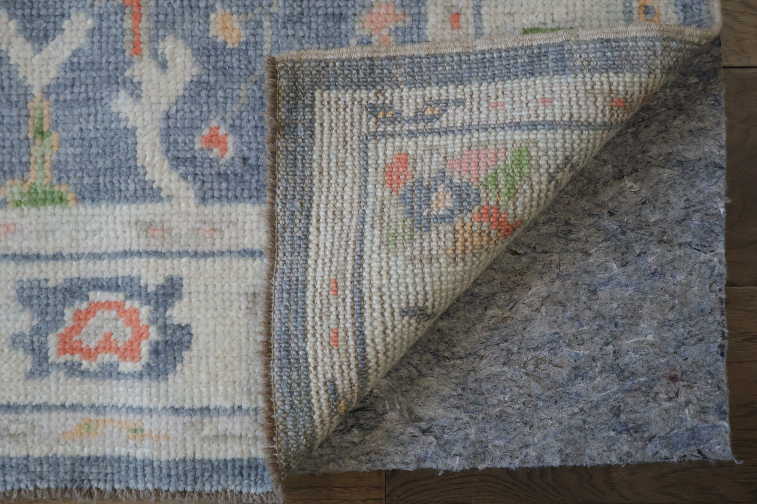 Vegetable Dye Blue and Coral Oushak Turkish Runner Rug 3x9 ft
