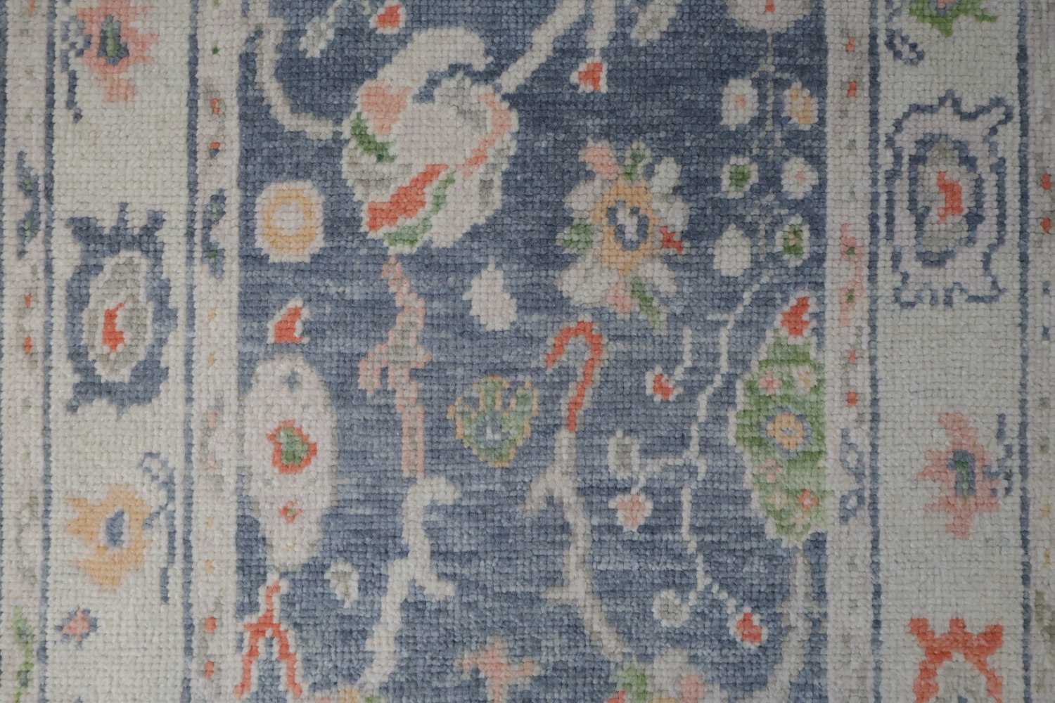 Vegetable Dye Blue and Coral Oushak Turkish Runner Rug 3x9 ft