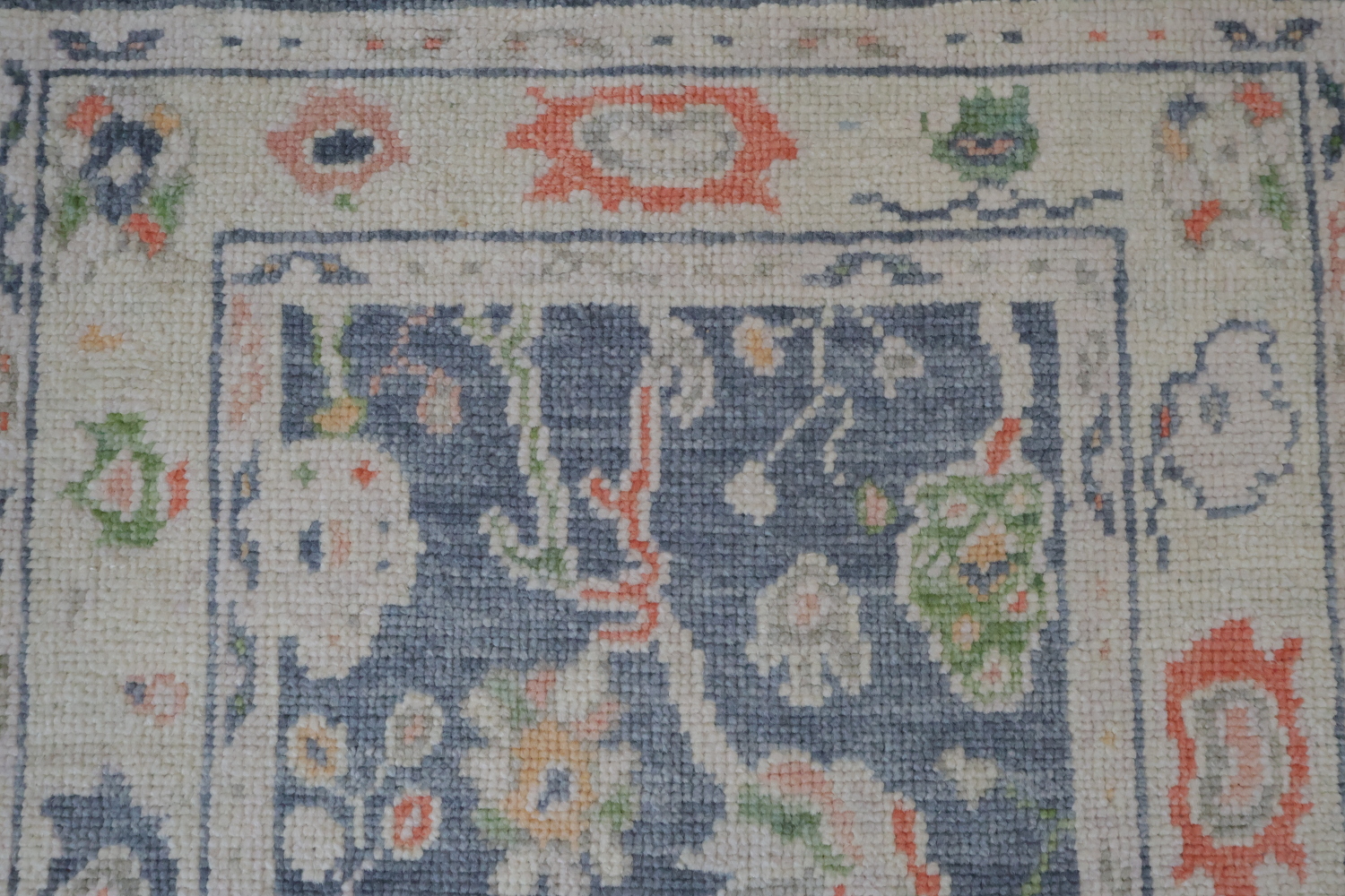 Vegetable Dye Blue and Coral Oushak Turkish Runner Rug 3x9 ft