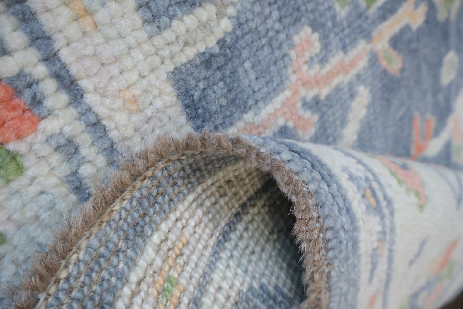 Vegetable Dye Blue and Coral Oushak Turkish Runner Rug 3x9 ft