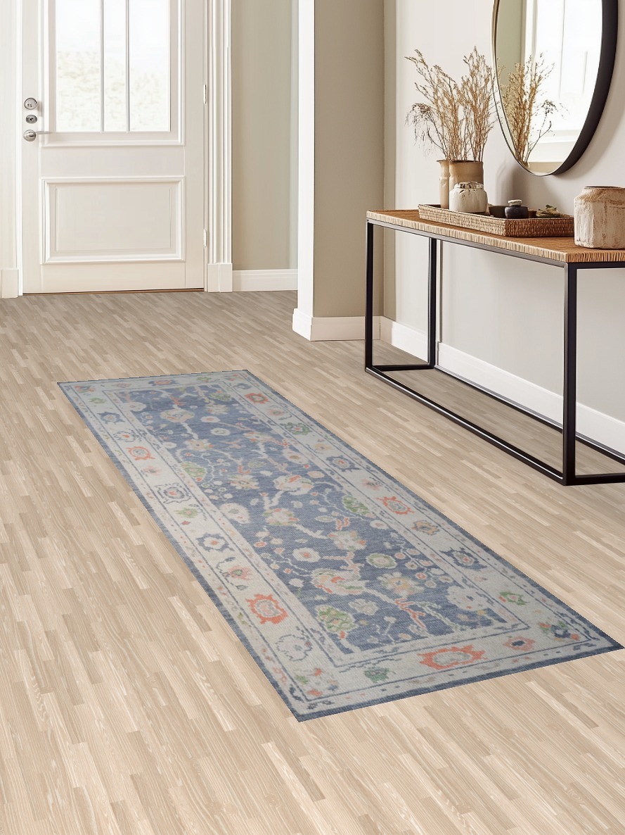 Vegetable Dye Blue and Coral Oushak Turkish Runner Rug 3x9 ft