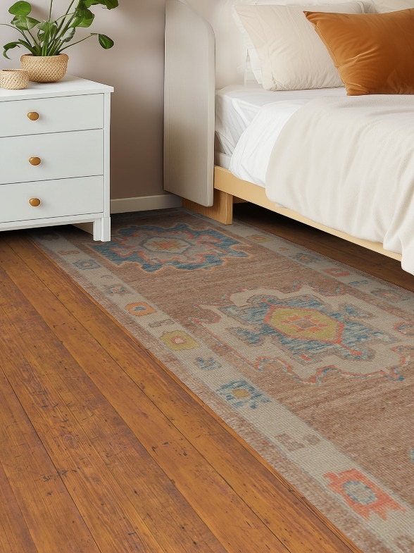 Vegetable Dye Brown Oushak Turkish Runner Rug 3x10