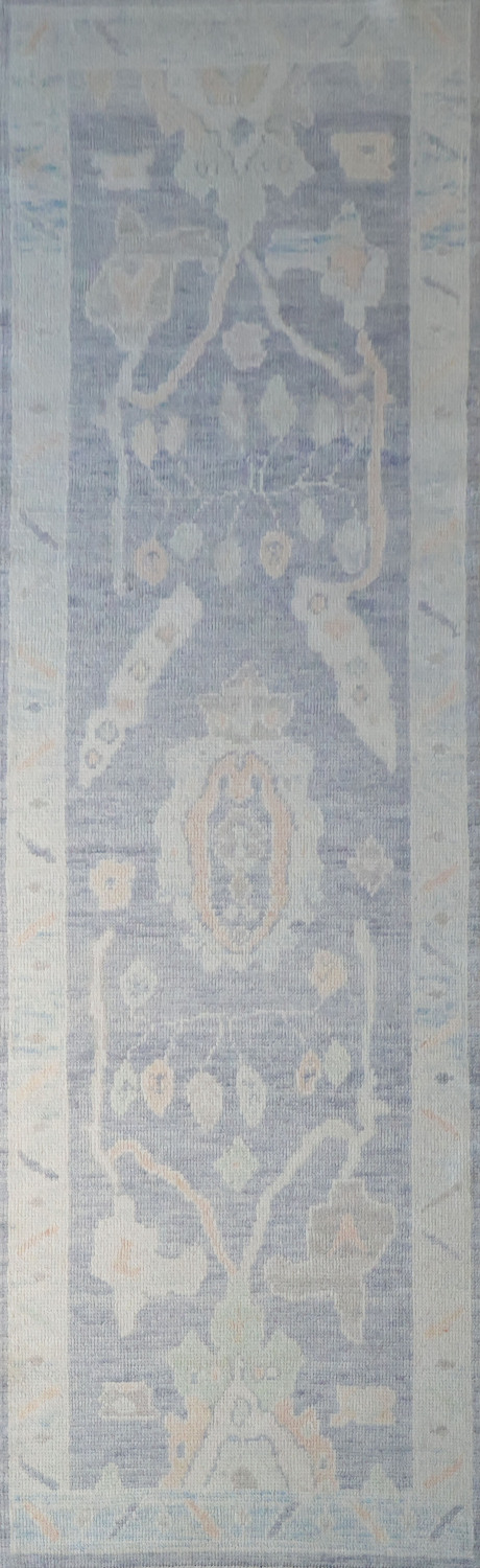 Pale Blue Vegetable Dye Oushak Turkish Runner Rug 3x10 ft