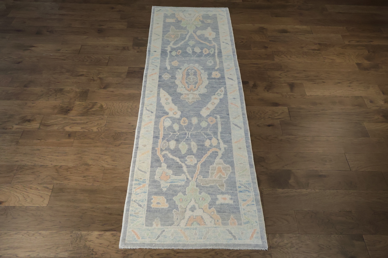 Pale Blue Vegetable Dye Oushak Turkish Runner Rug 3x10 ft