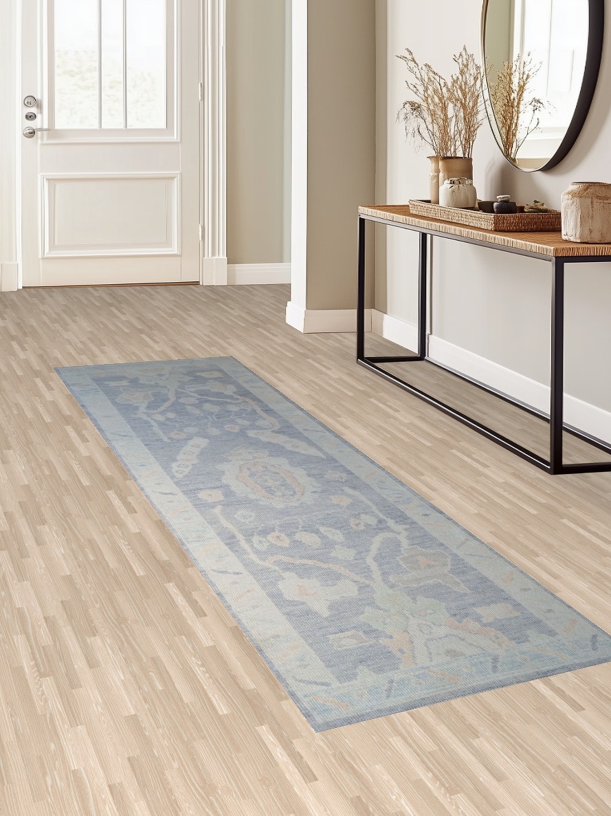 Pale Blue Vegetable Dye Oushak Turkish Runner Rug 3x10 ft