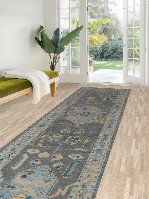 Vegetable Dye Gray Oushak Turkish Runner Rug 3x15