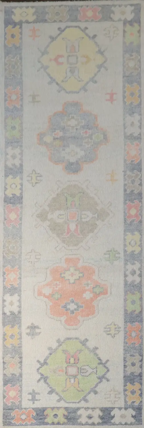 Soft Oushak Turkish Pastel Runner Rug with Symmetrical Ethnic Patterns 3x9 ft