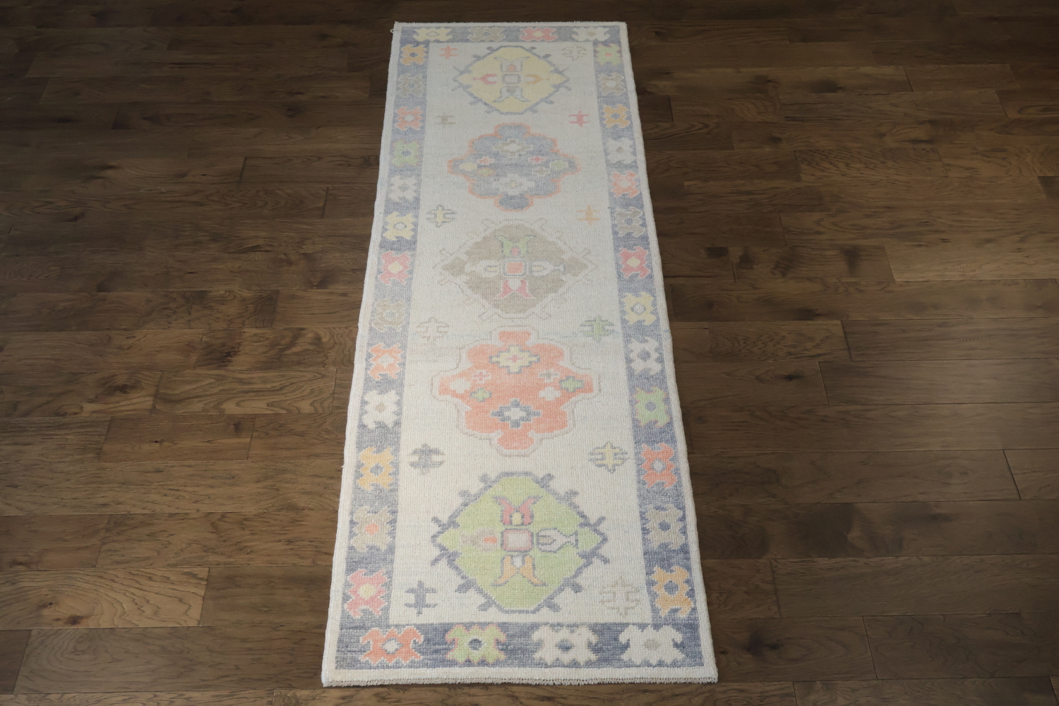 Soft Oushak Turkish Pastel Runner Rug with Symmetrical Ethnic Patterns 3x9 ft