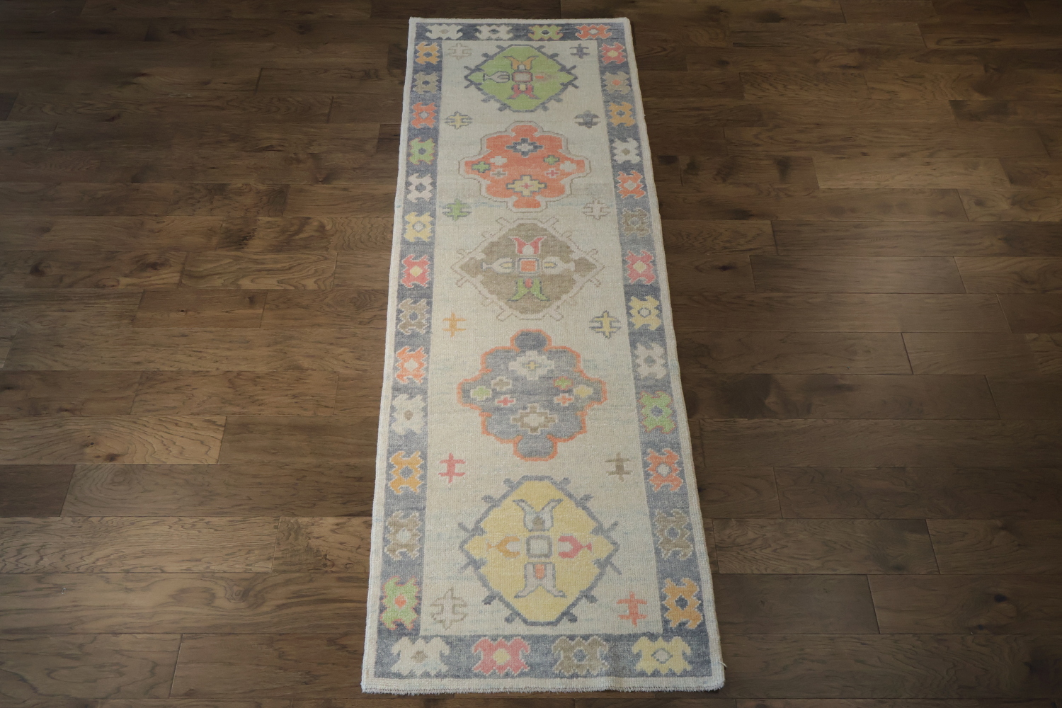 Soft Oushak Turkish Pastel Runner Rug with Symmetrical Ethnic Patterns 3x9 ft