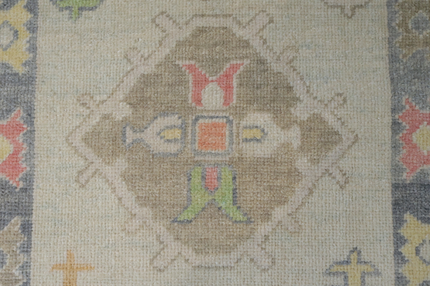 Soft Oushak Turkish Pastel Runner Rug with Symmetrical Ethnic Patterns 3x9 ft