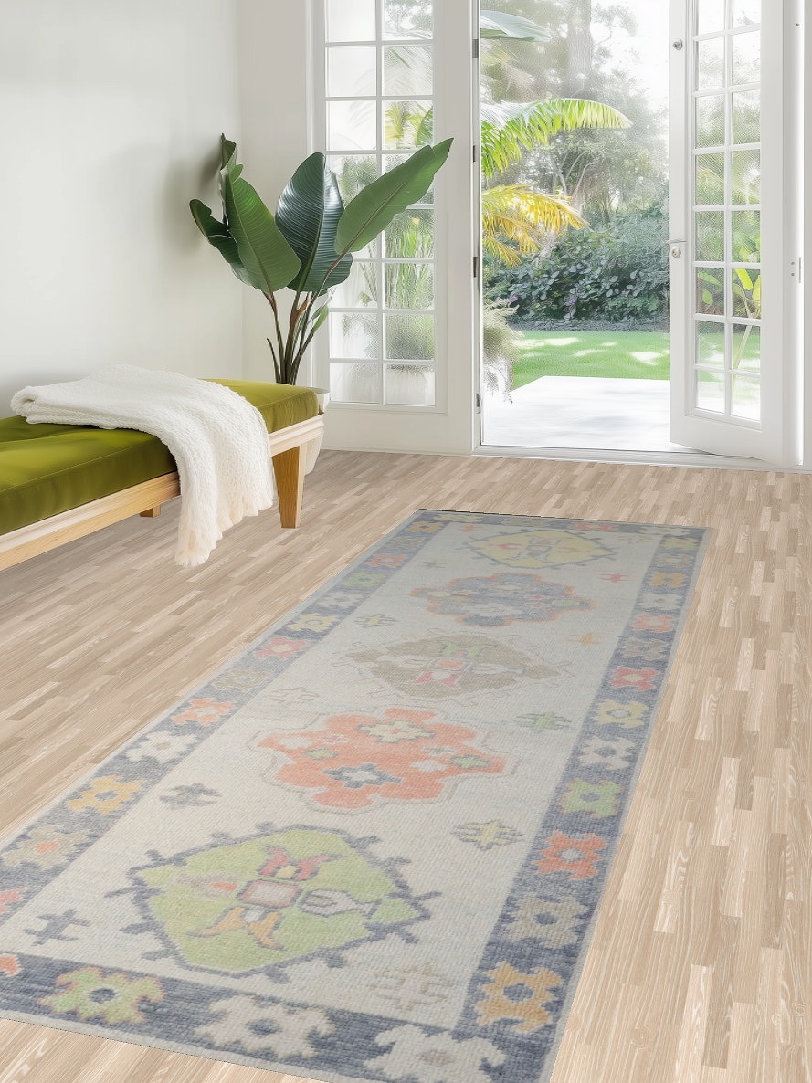 Soft Oushak Turkish Pastel Runner Rug with Symmetrical Ethnic Patterns 3x9 ft