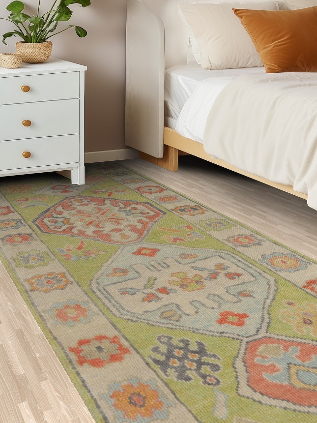 Vegetable Dye Green Oushak Turkish Runner Rug 3x8