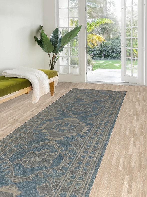 Vegetable Dye Blue Oushak Turkish Runner Rug 3x16