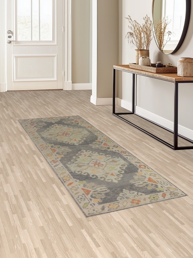 Vegetable Dye Gray Oushak Turkish Runner Rug 3x8