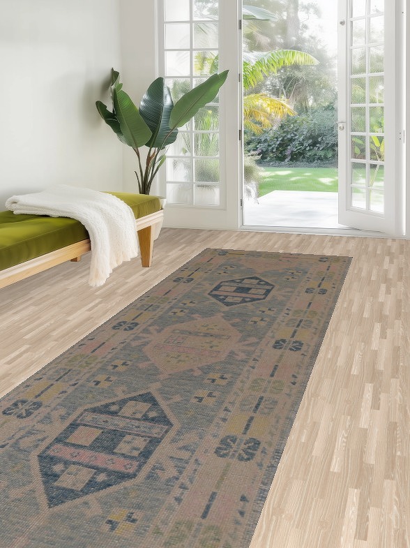 Handmade Blue Oushak Vegetable Dye Runner Rug 3x18