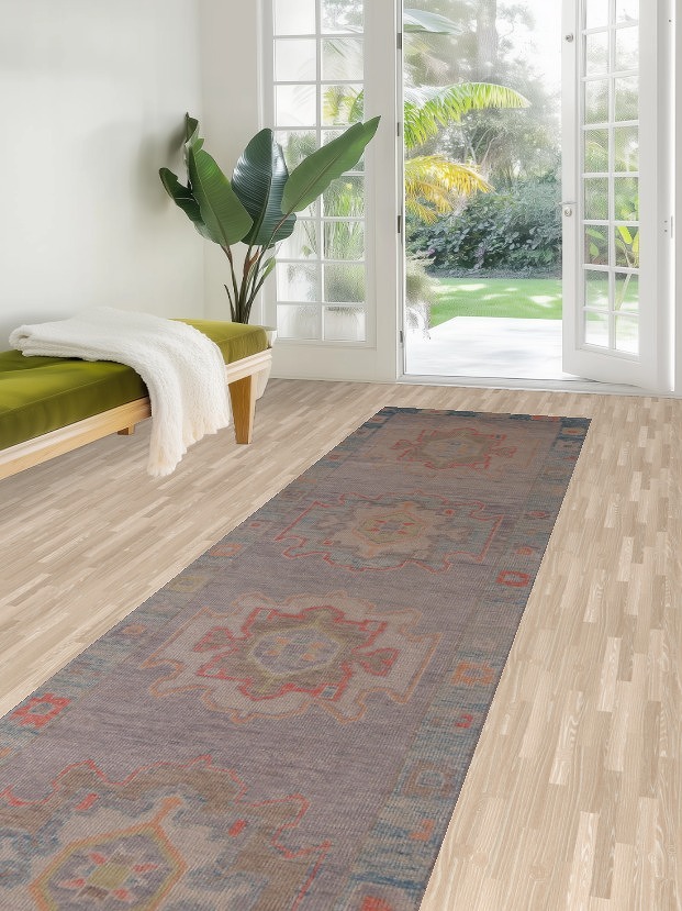 Vegetable Dye Purple Oushak Turkish Runner Rug 3x12