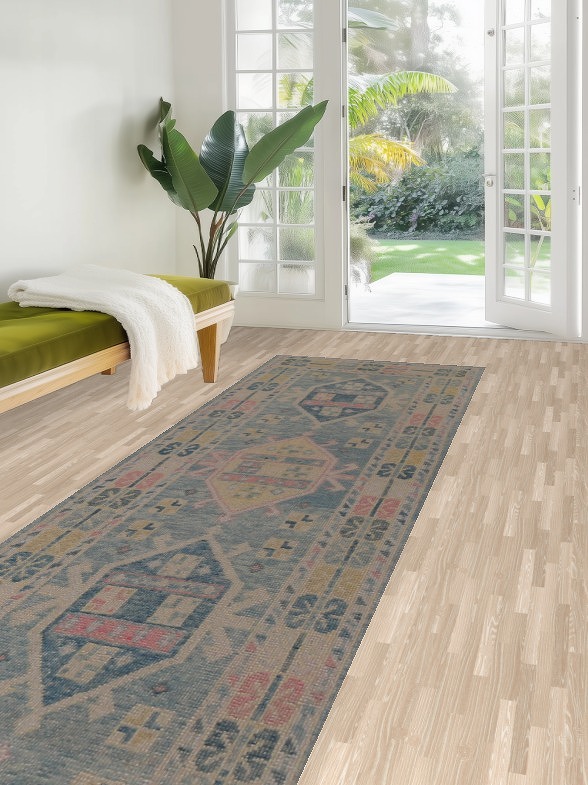 Handmade Blue Oushak Vegetable Dye Runner Rug 3x17