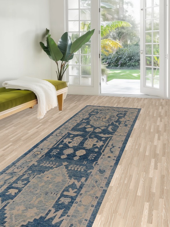Vegetable Dye Blue Oushak Turkish Runner Rug 3x15