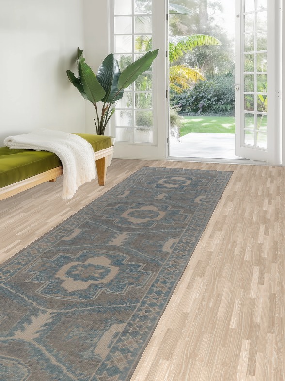 Gray & Blue Handmade Oushak Vegetable Dye Runner Rug 3x14