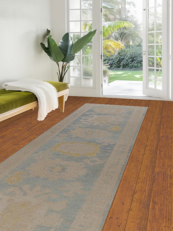 Floral Blue Oushak Vegetable Dye Runner Rug 3x13