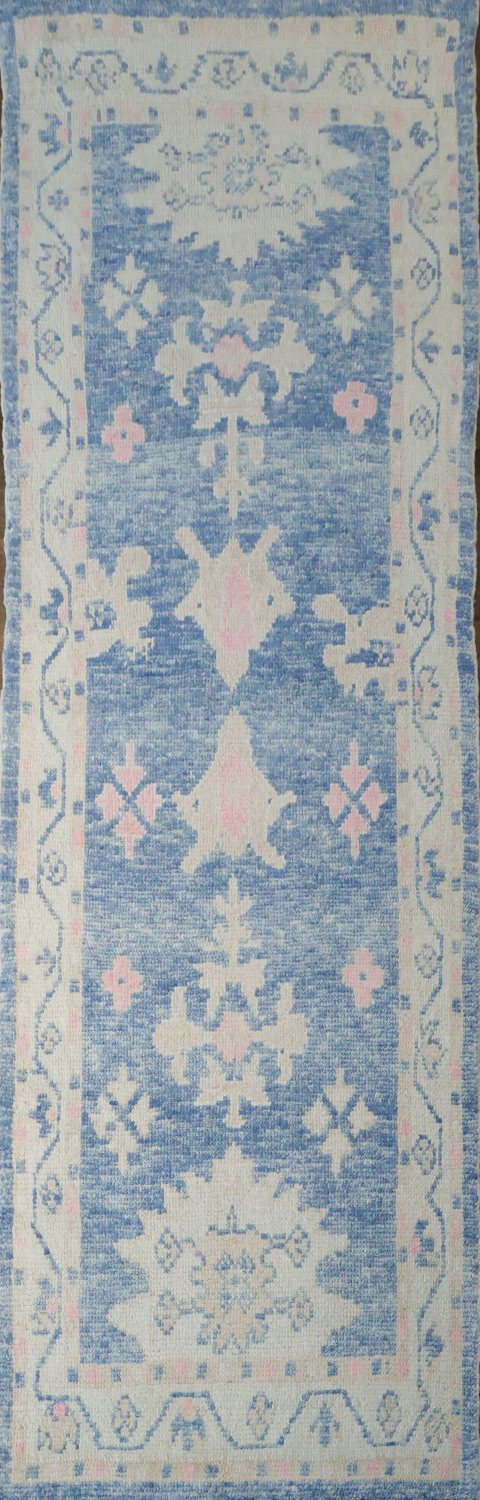 Blue and Pink Oushak Turkish Runner Rug Vegetable Dye Colors 3x10 ft