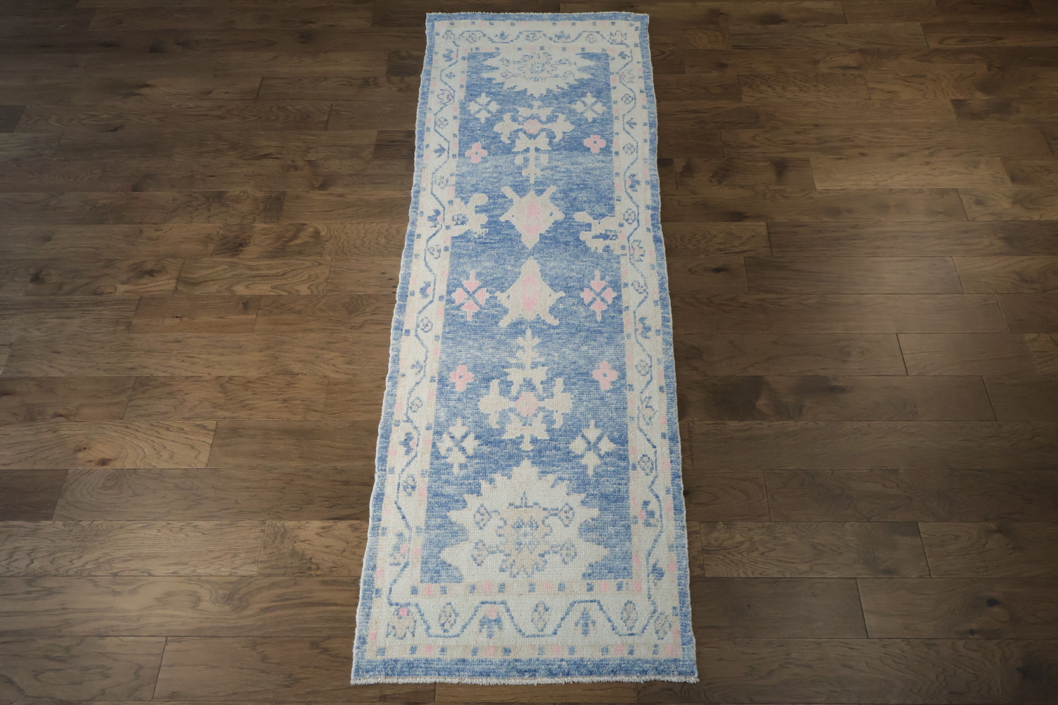 Blue and Pink Oushak Turkish Runner Rug Vegetable Dye Colors 3x10 ft
