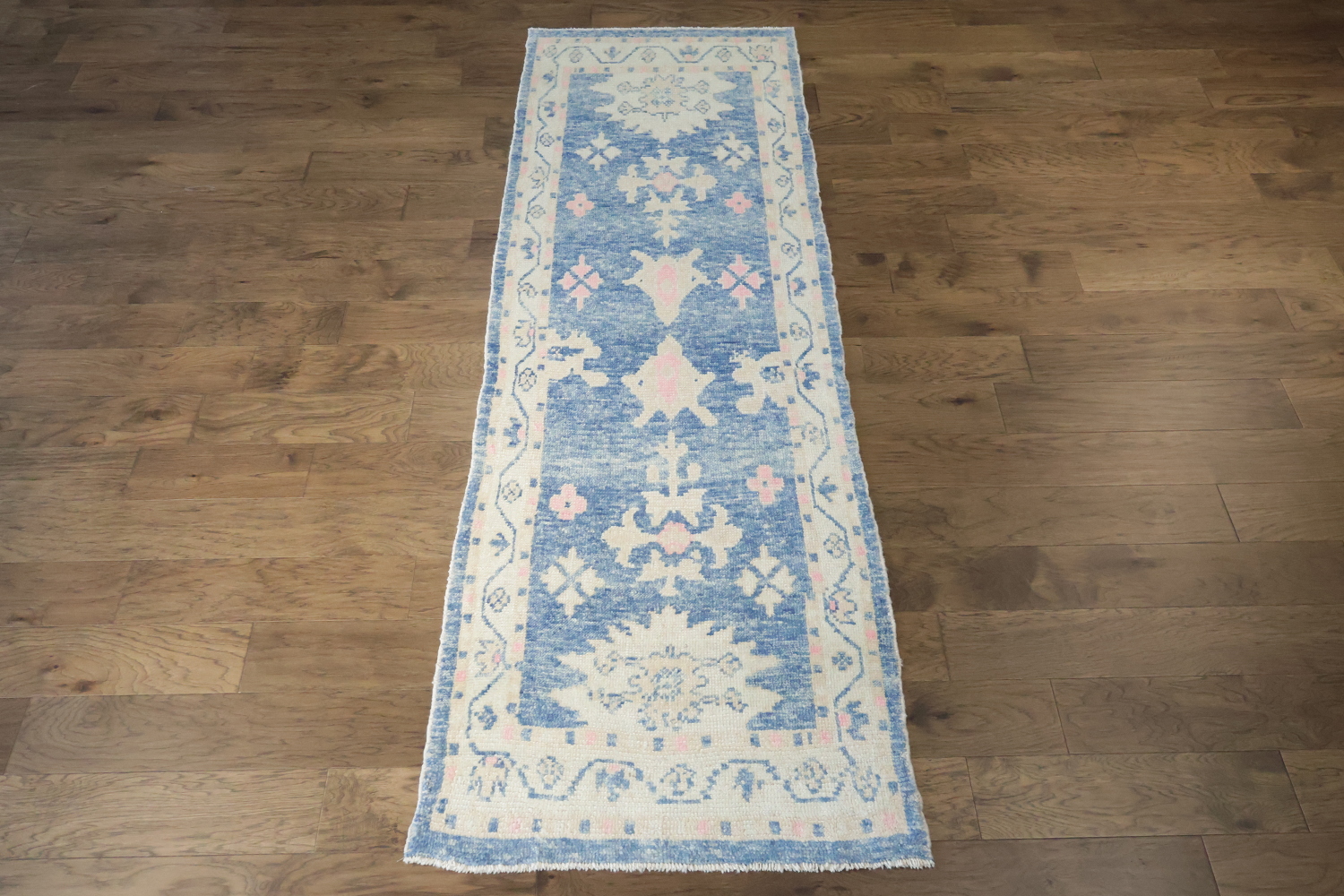 Blue and Pink Oushak Turkish Runner Rug Vegetable Dye Colors 3x10 ft