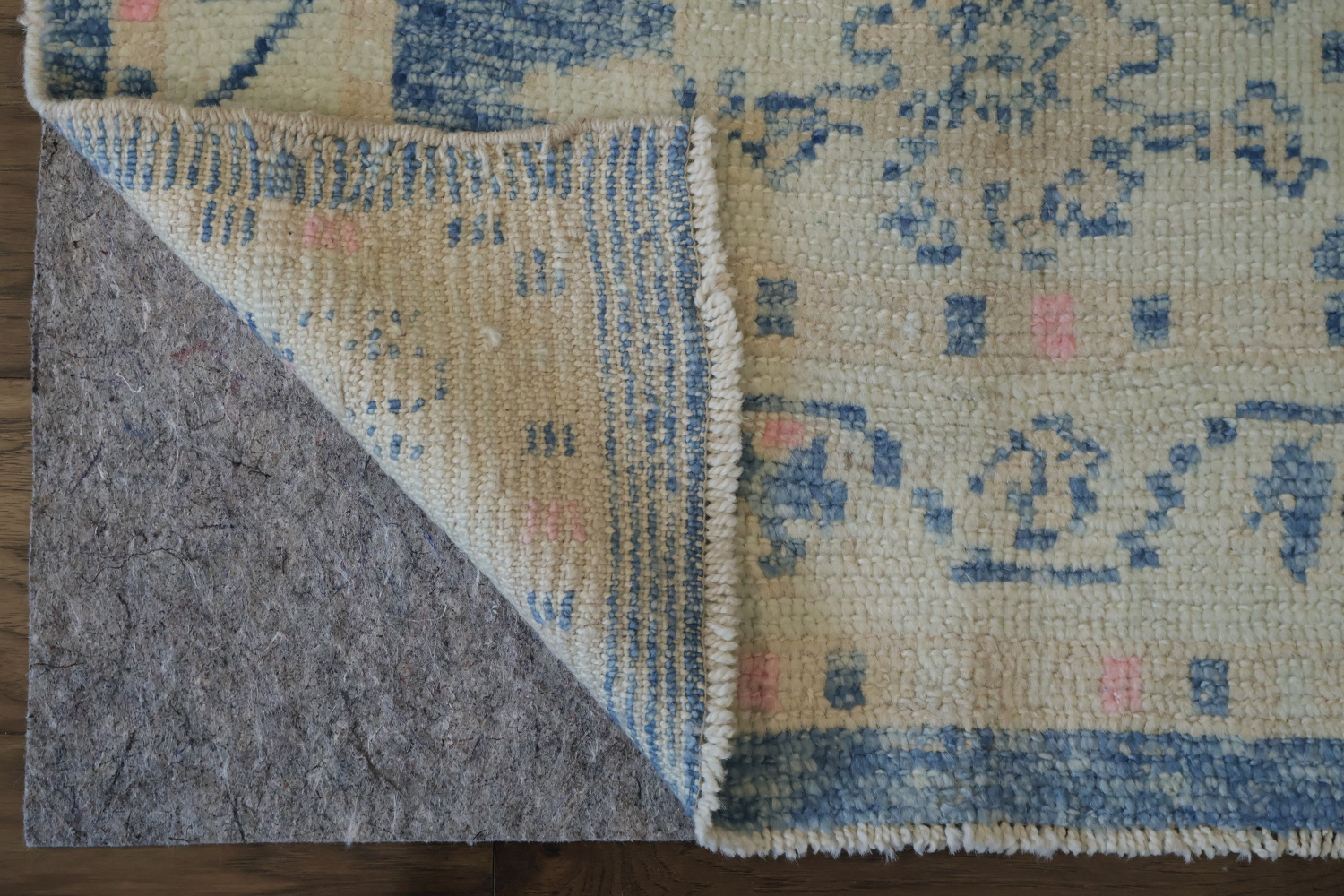 Blue and Pink Oushak Turkish Runner Rug Vegetable Dye Colors 3x10 ft
