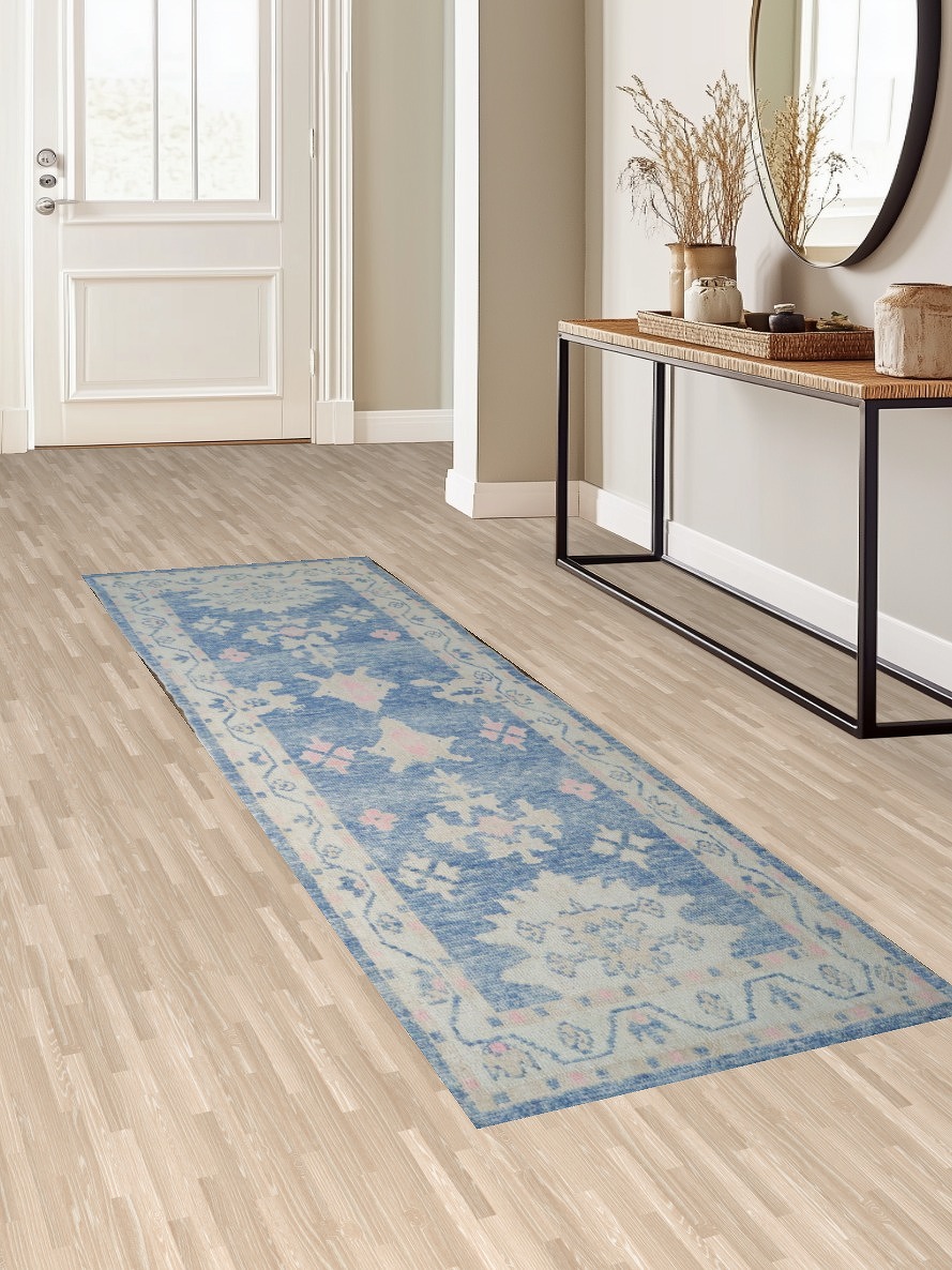 Blue and Pink Oushak Turkish Runner Rug Vegetable Dye Colors 3x10 ft