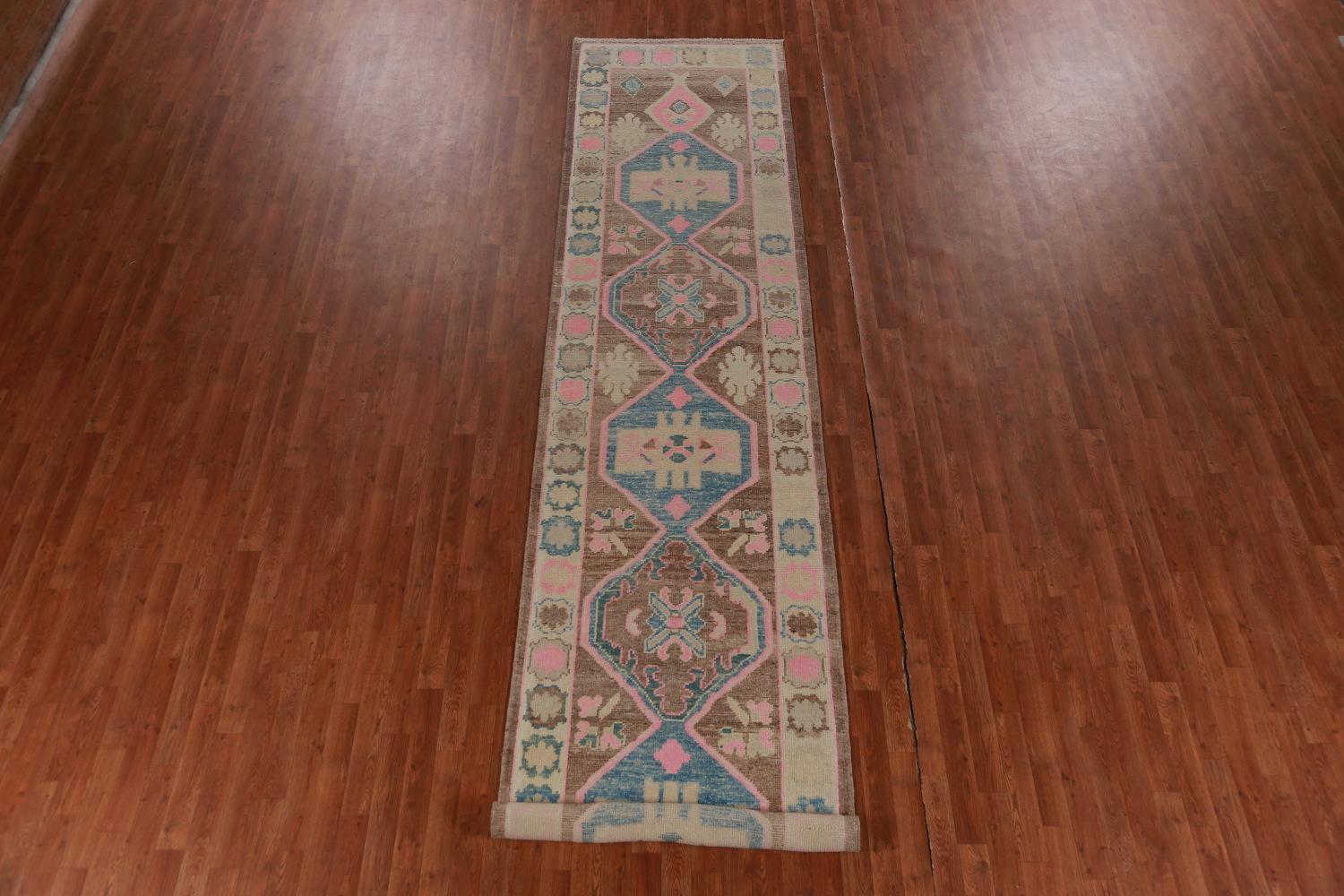 Brown Geometric Oushak Vegetable Dye Runner Rug 3x16
