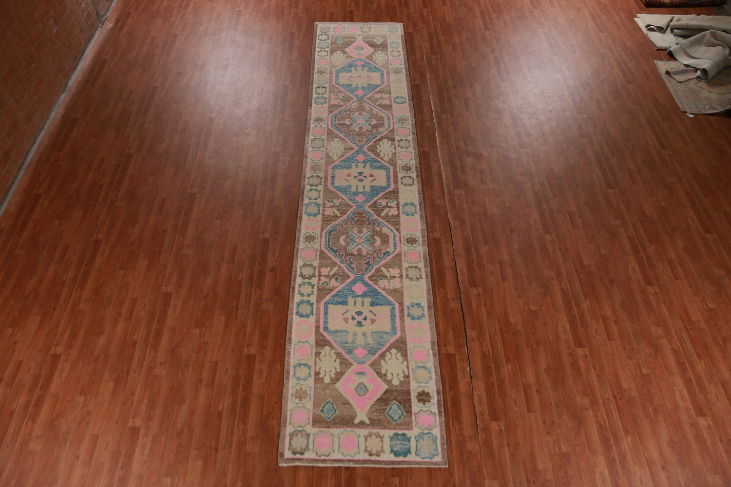 Brown Geometric Oushak Vegetable Dye Runner Rug 3x16