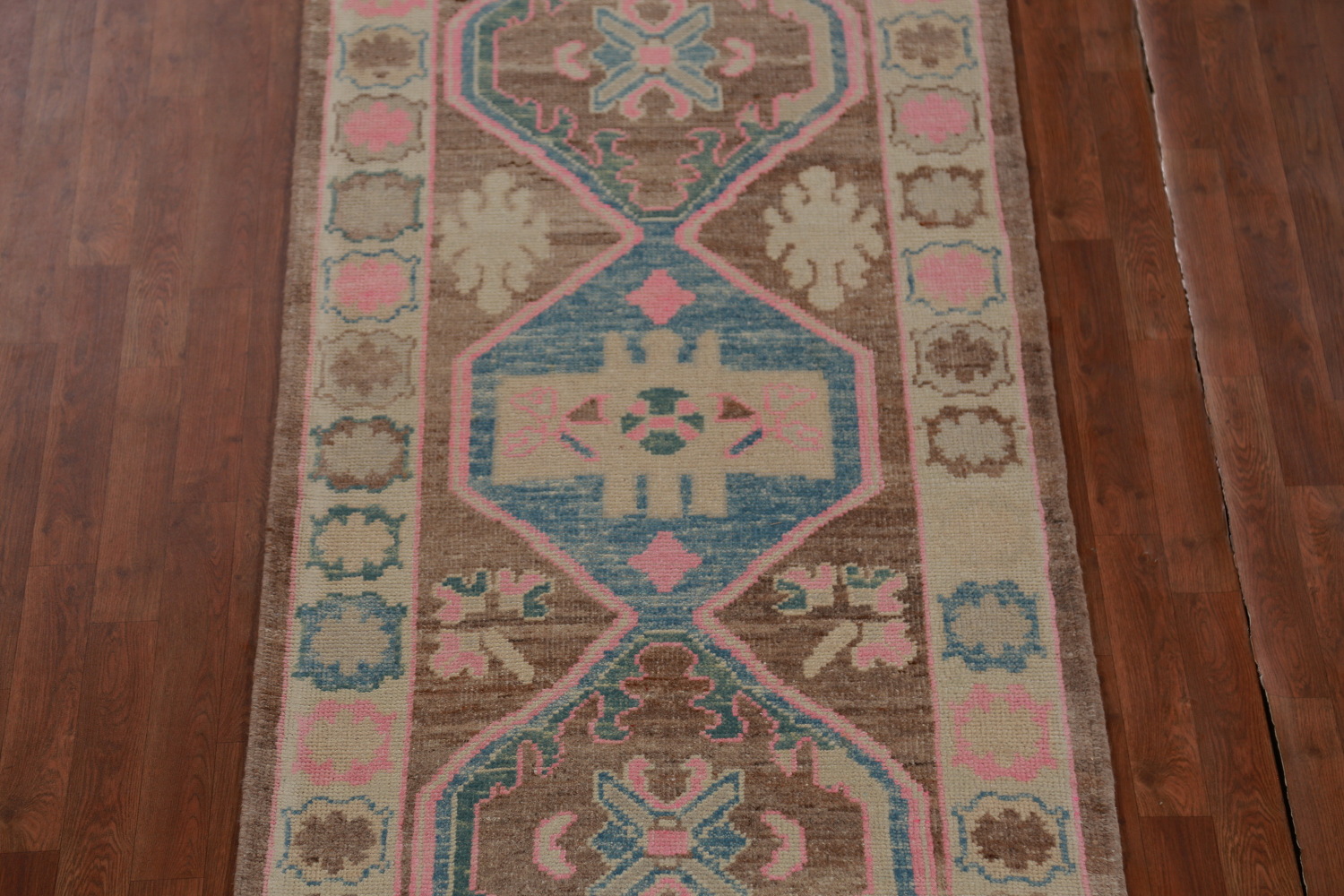 Brown Geometric Oushak Vegetable Dye Runner Rug 3x16