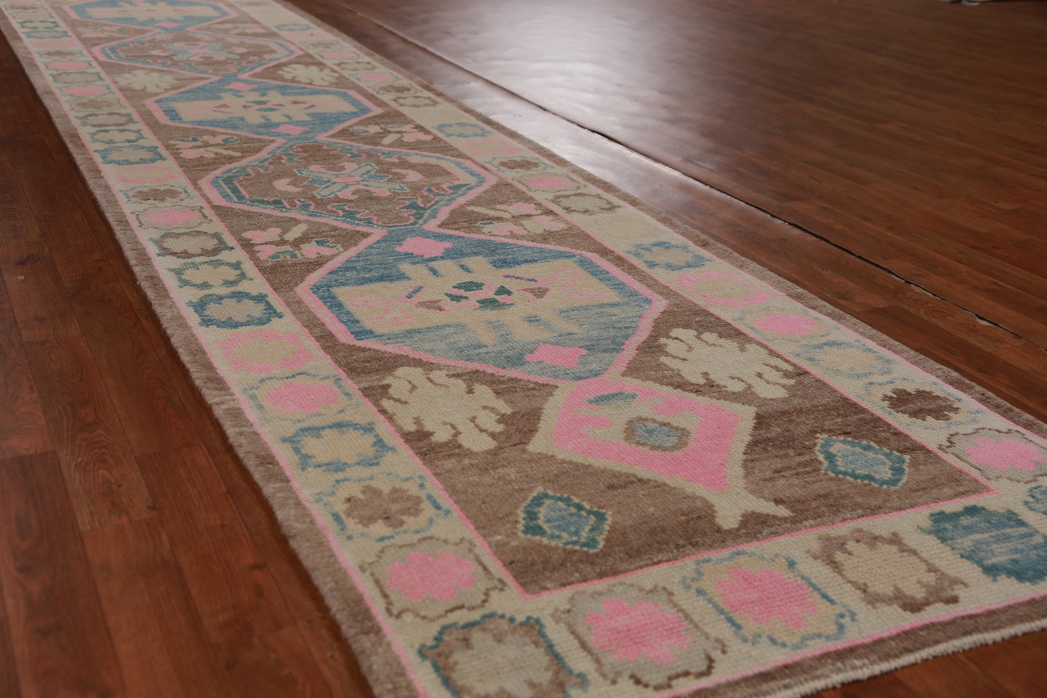 Brown Geometric Oushak Vegetable Dye Runner Rug 3x16