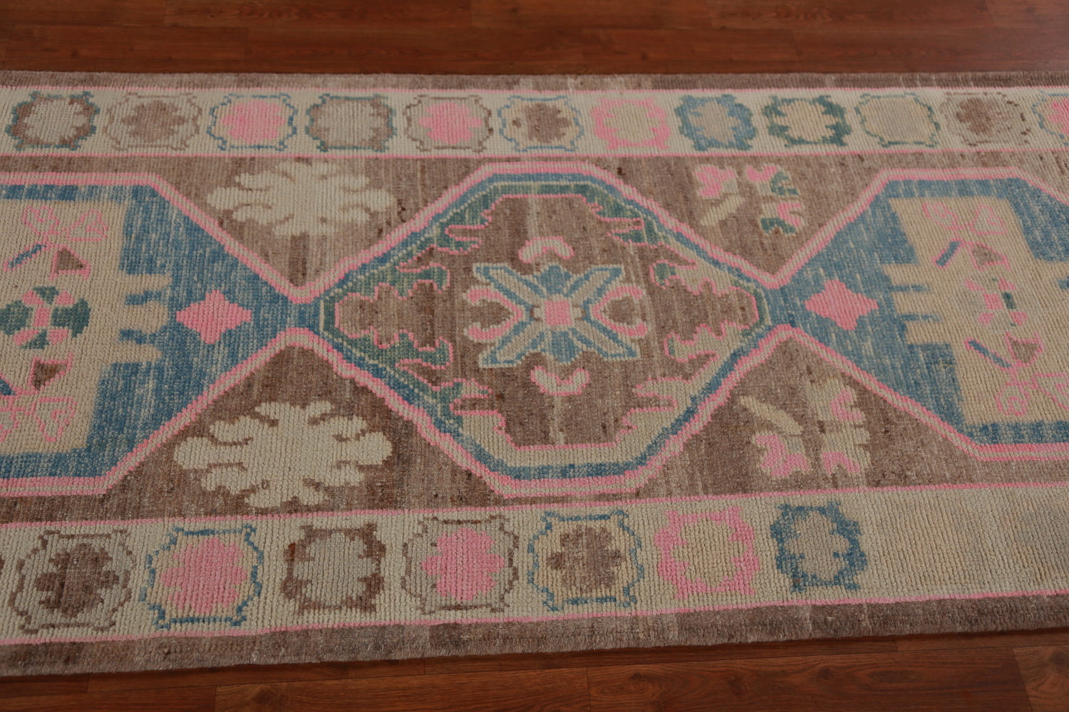Brown Geometric Oushak Vegetable Dye Runner Rug 3x16