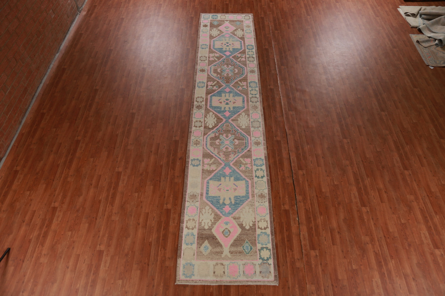 Brown Geometric Oushak Vegetable Dye Runner Rug 3x16