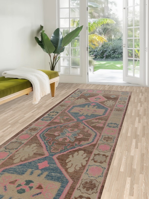 Brown Geometric Oushak Vegetable Dye Runner Rug 3x16
