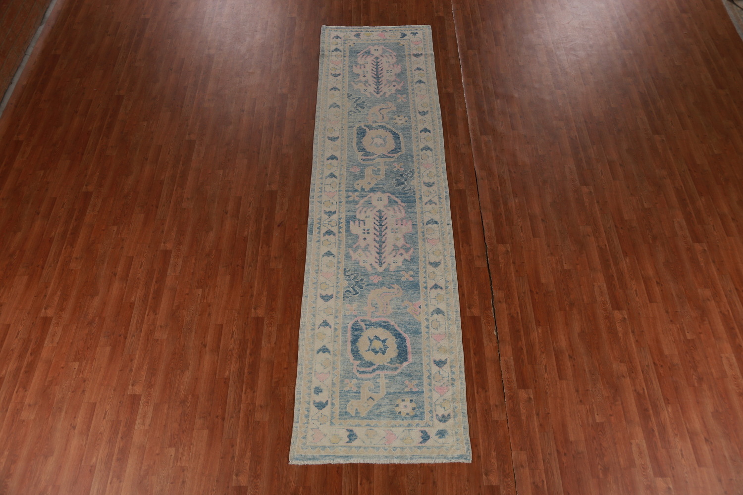 Vegetable Dye Blue Oushak Turkish Runner Rug 3x12