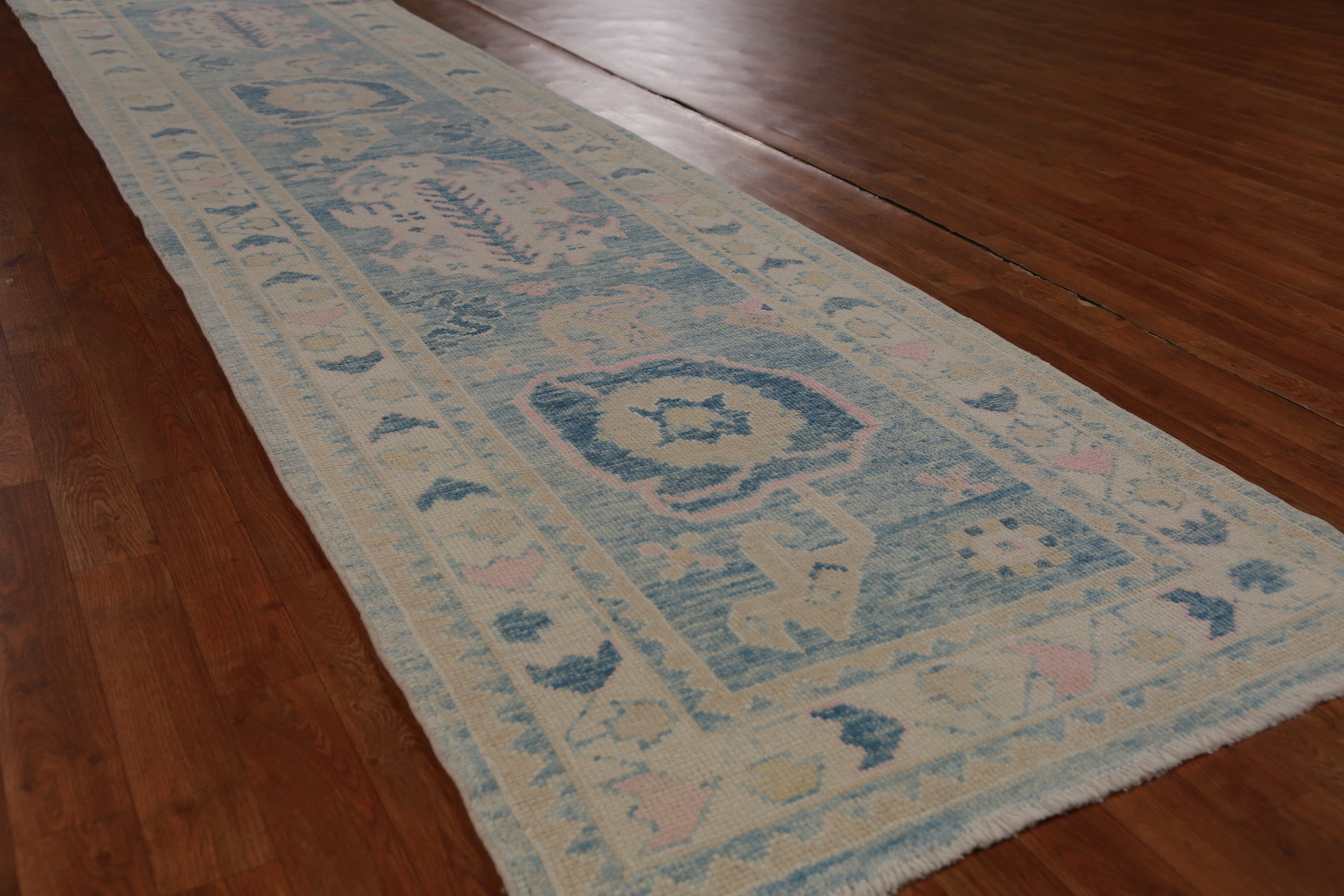 Vegetable Dye Blue Oushak Turkish Runner Rug 3x12