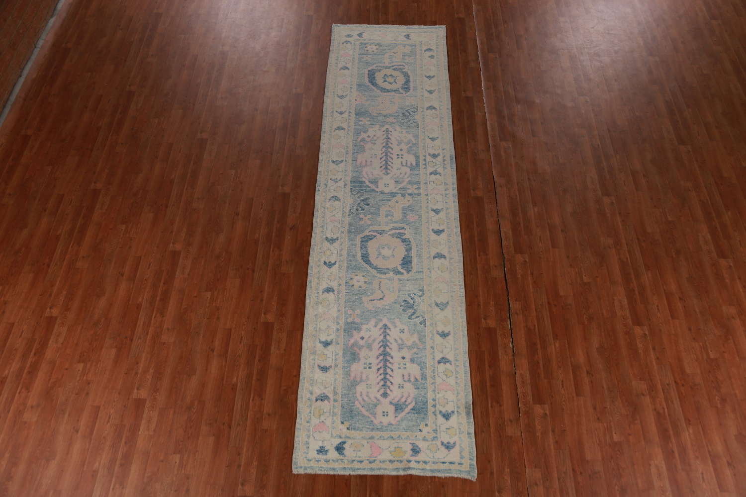 Vegetable Dye Blue Oushak Turkish Runner Rug 3x12