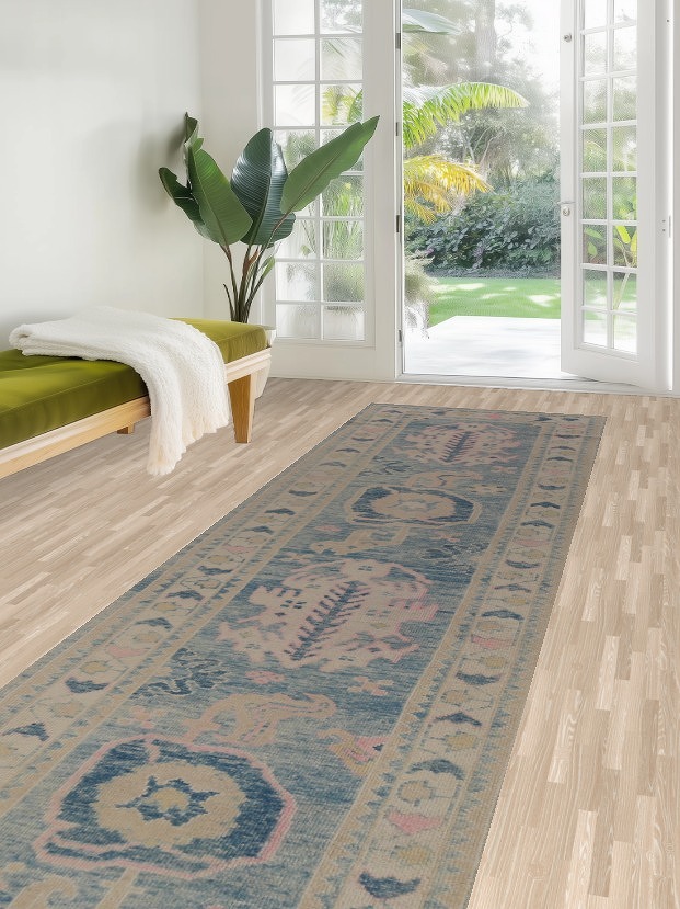 Vegetable Dye Blue Oushak Turkish Runner Rug 3x12