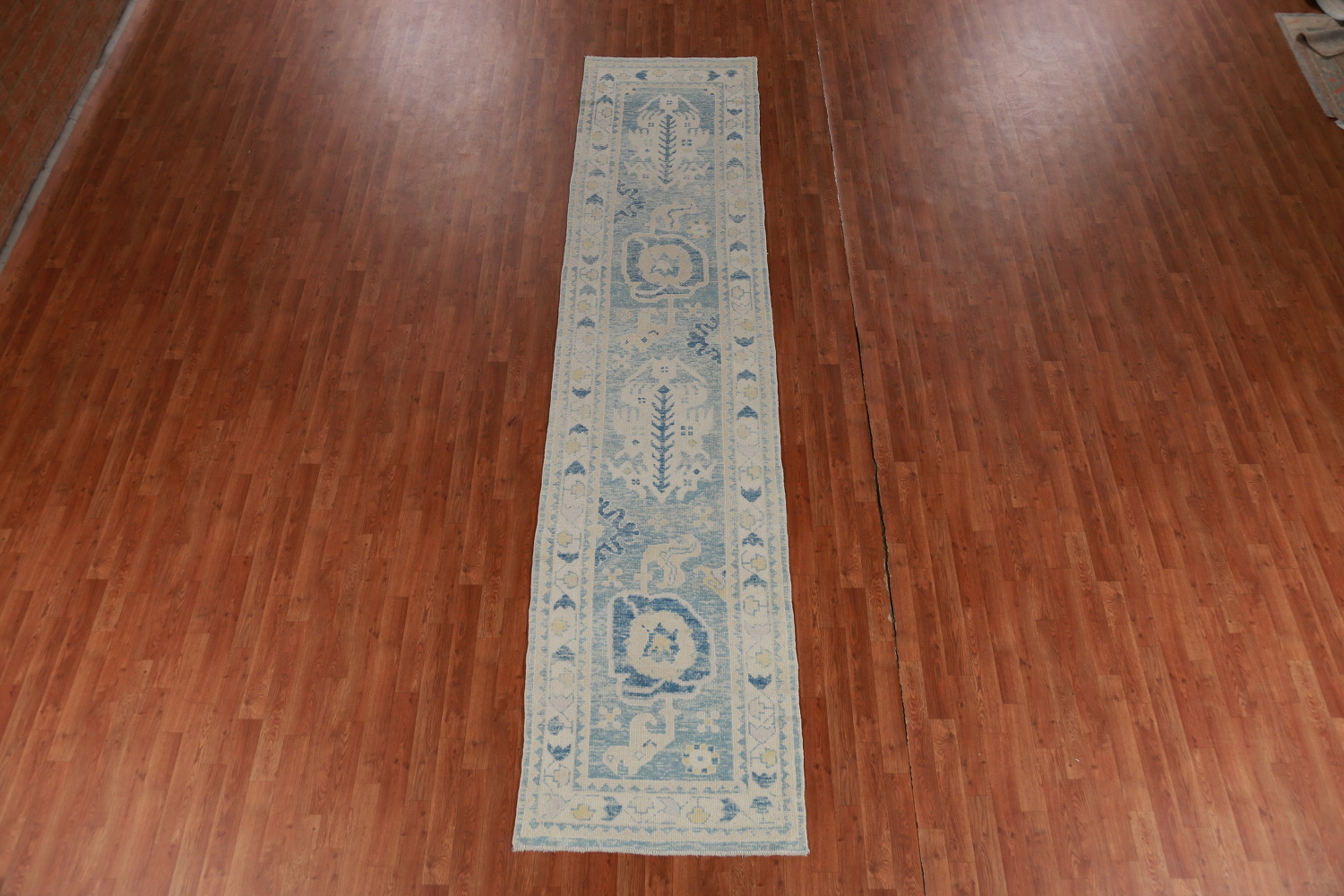 Vegetable Dye Blue Oushak Turkish Runner Rug 3x13