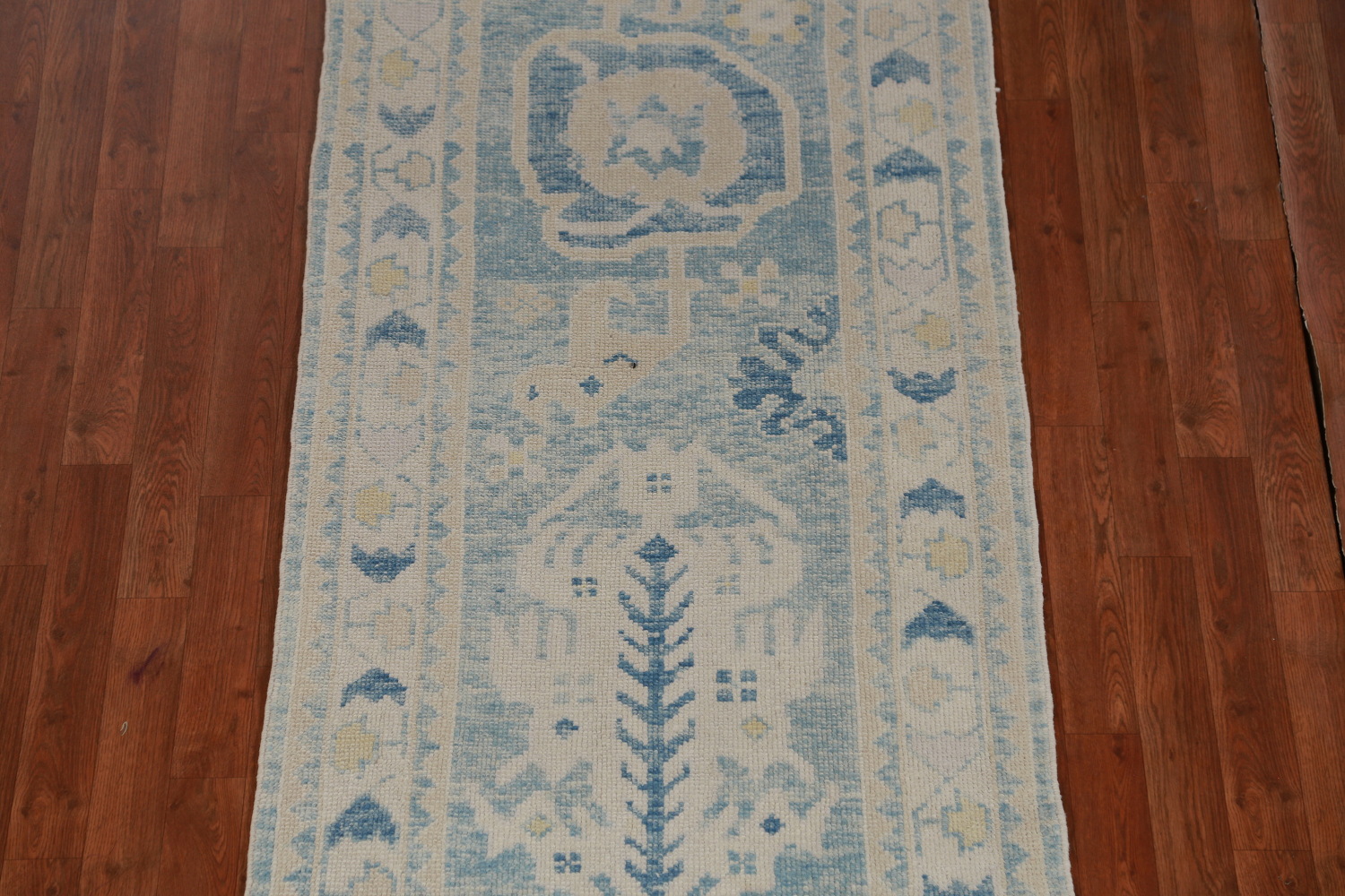 Vegetable Dye Blue Oushak Turkish Runner Rug 3x13