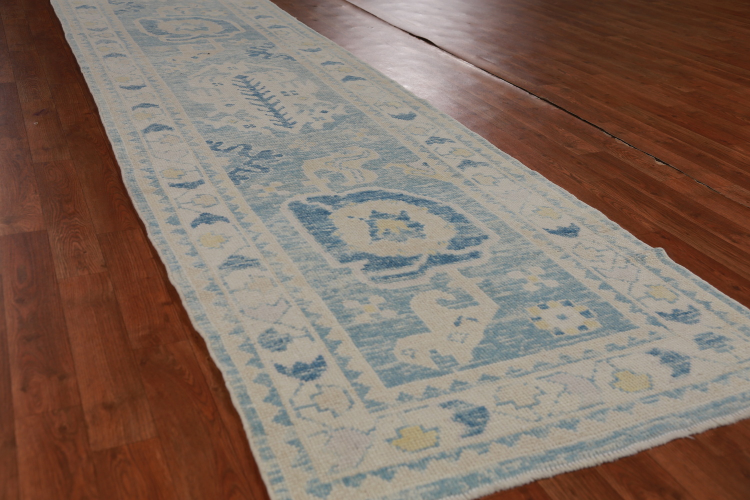 Vegetable Dye Blue Oushak Turkish Runner Rug 3x13