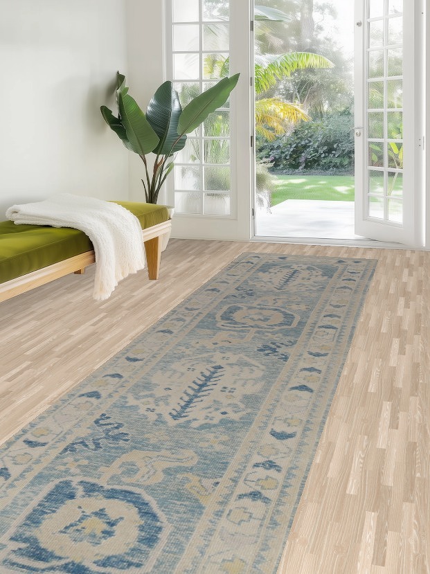 Vegetable Dye Blue Oushak Turkish Runner Rug 3x13