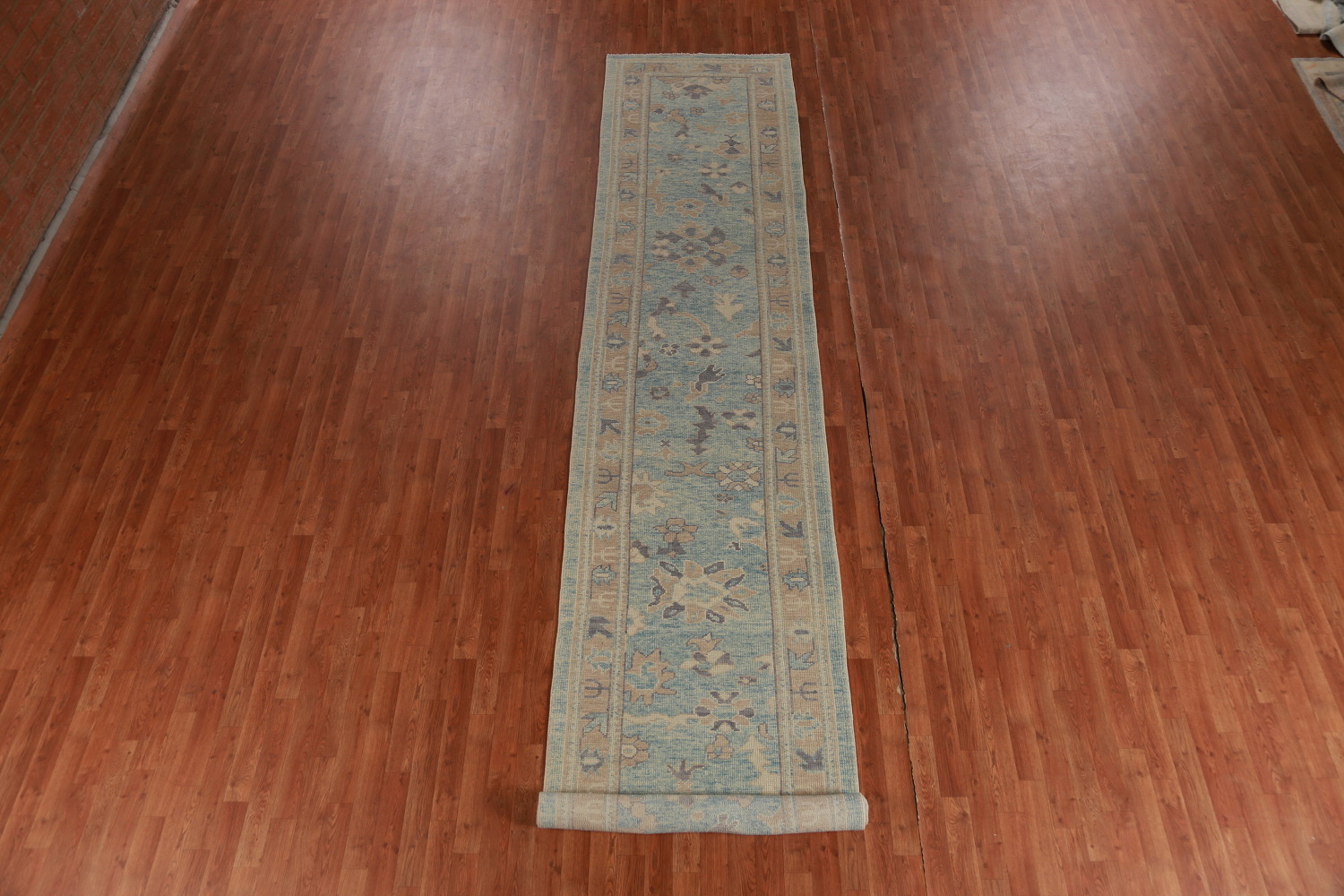 Light Blue Floral Oushak Vegetable Dye Runner Rug 3x17