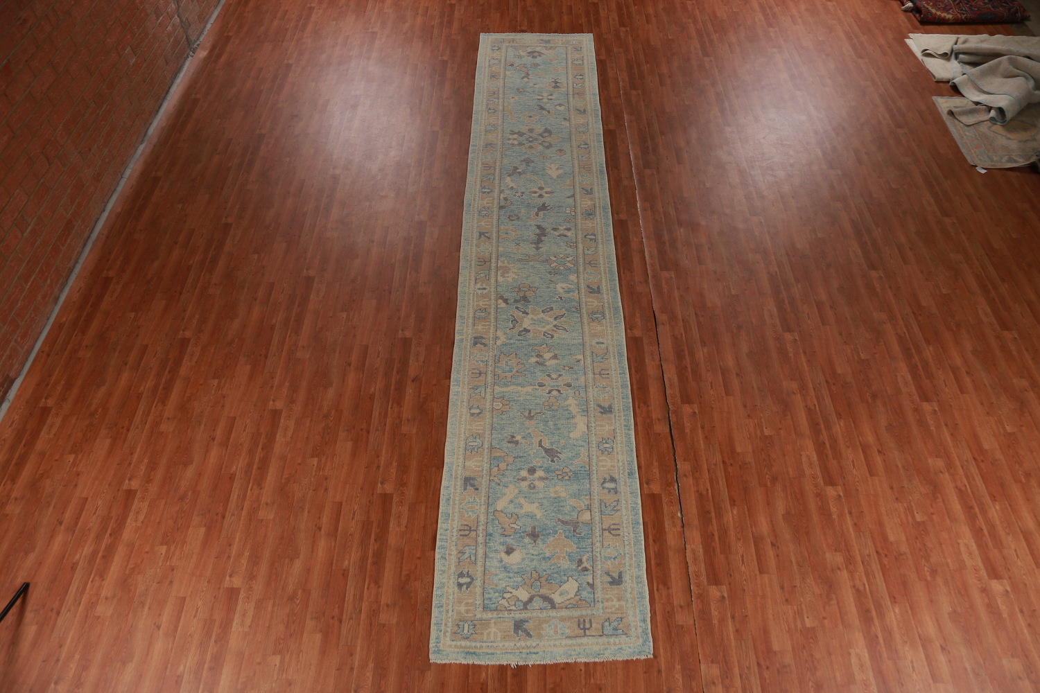Light Blue Floral Oushak Vegetable Dye Runner Rug 3x17