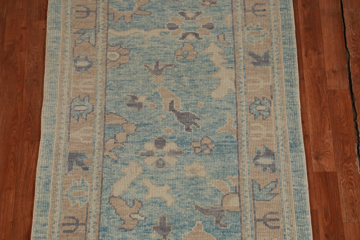 Light Blue Floral Oushak Vegetable Dye Runner Rug 3x17