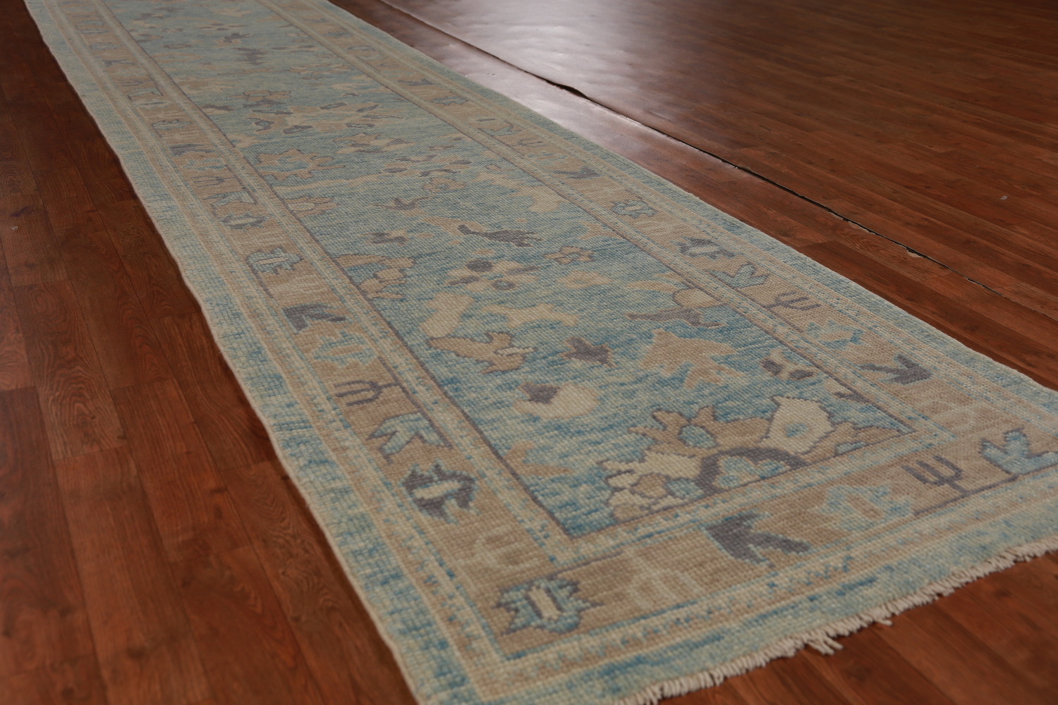 Light Blue Floral Oushak Vegetable Dye Runner Rug 3x17