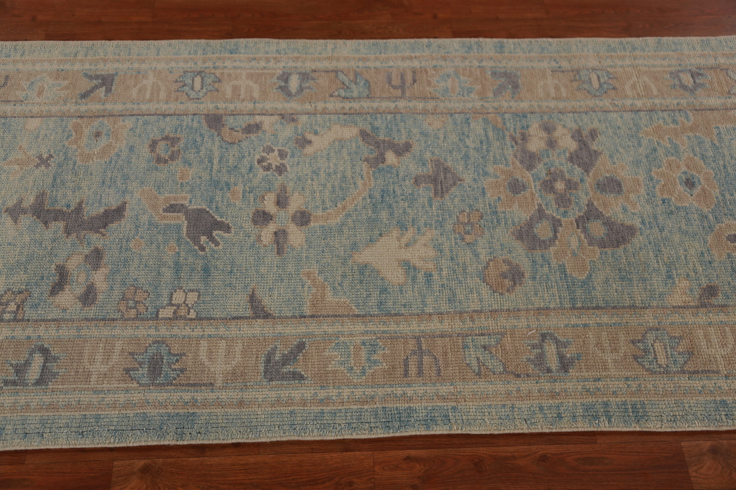 Light Blue Floral Oushak Vegetable Dye Runner Rug 3x17